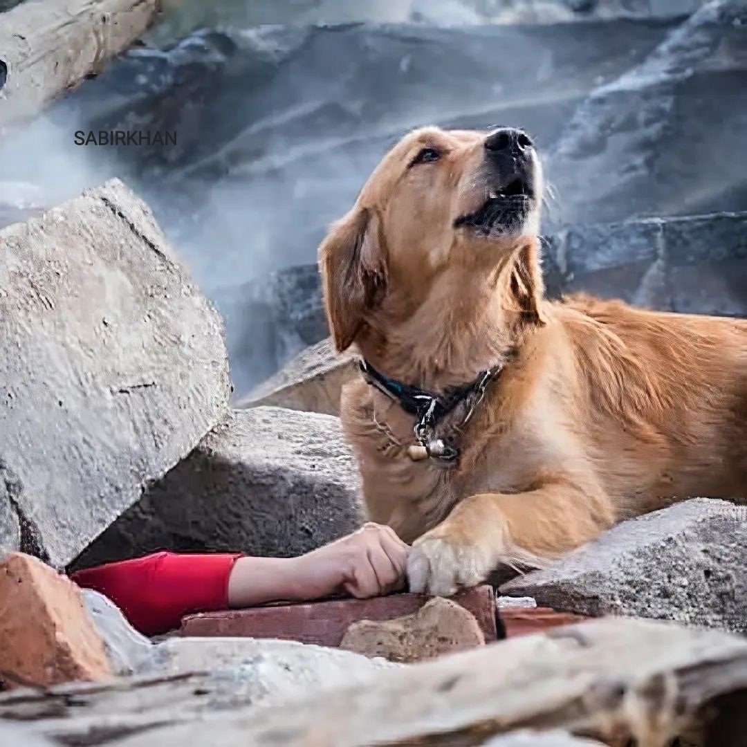 Σκύλος αναζητά βοήθεια για τον εγκλωβισμένο στα συντρίμμια ιδιοκτήτη, φωτογραφία από σεισμό του 2020 (Photo credit: SabirKhan/Twitter)