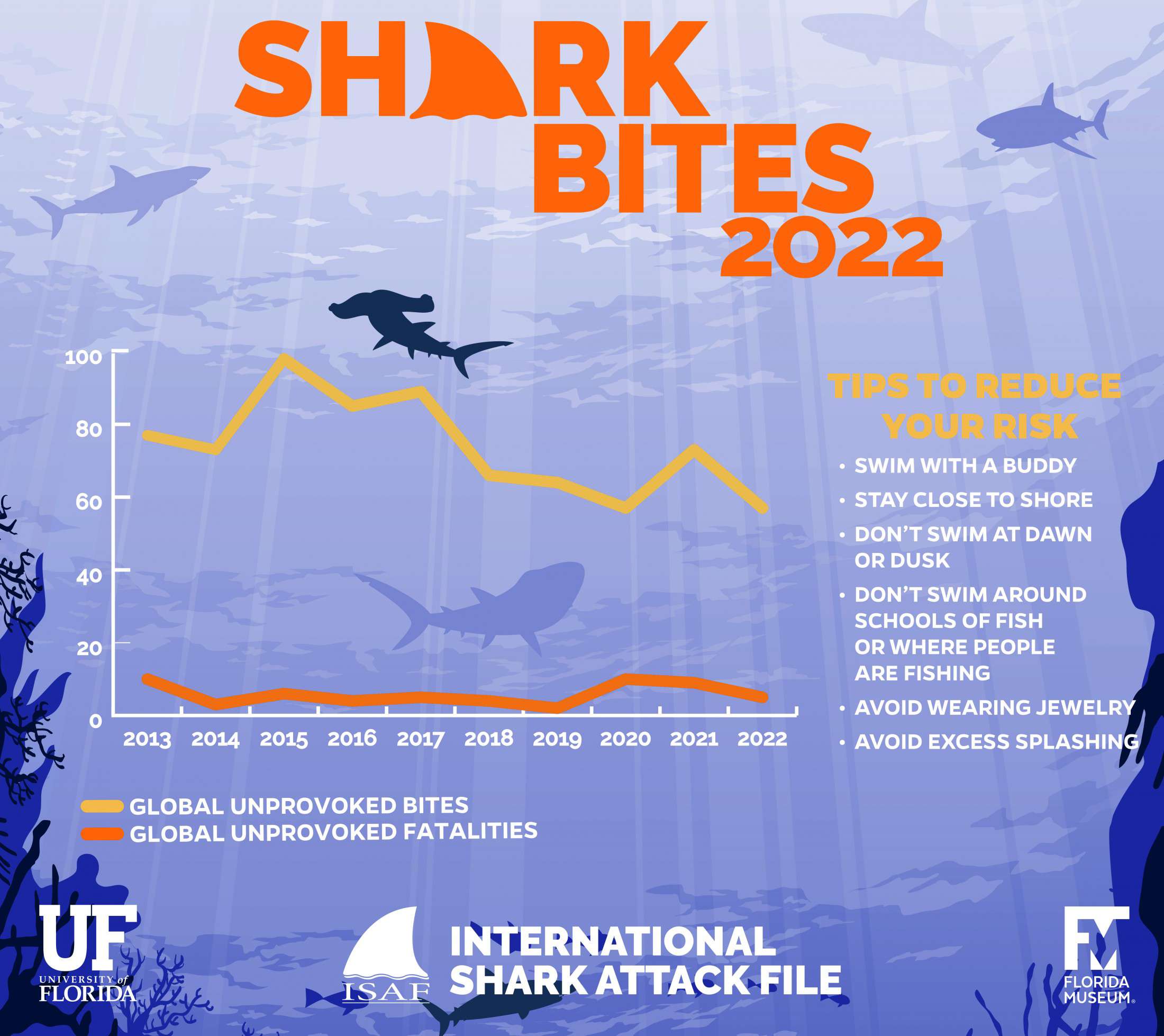Μετά από μια σύντομη αύξηση το 2021, ο αριθμός των απρόκλητων δαγκωμάτων από καρχαρίες μειώθηκε και πάλι το 2022, γεγονός που ενδεχομένως αντανακλά την παγκόσμια μείωση του πληθυσμού των καρχαριών (Πηγή: JANE DOMINGUEZ/UNIVERSITY OF FLORIDA)