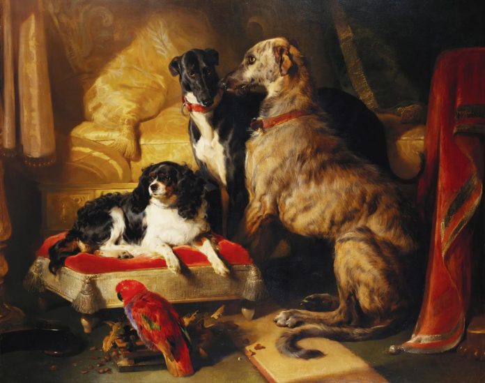 Hector, Nero and Dash with the Parrot, Lory, 1838, by Edwin Landseer (Photograph: Royal Collection Trust © His Majesty King Charles III 2022)