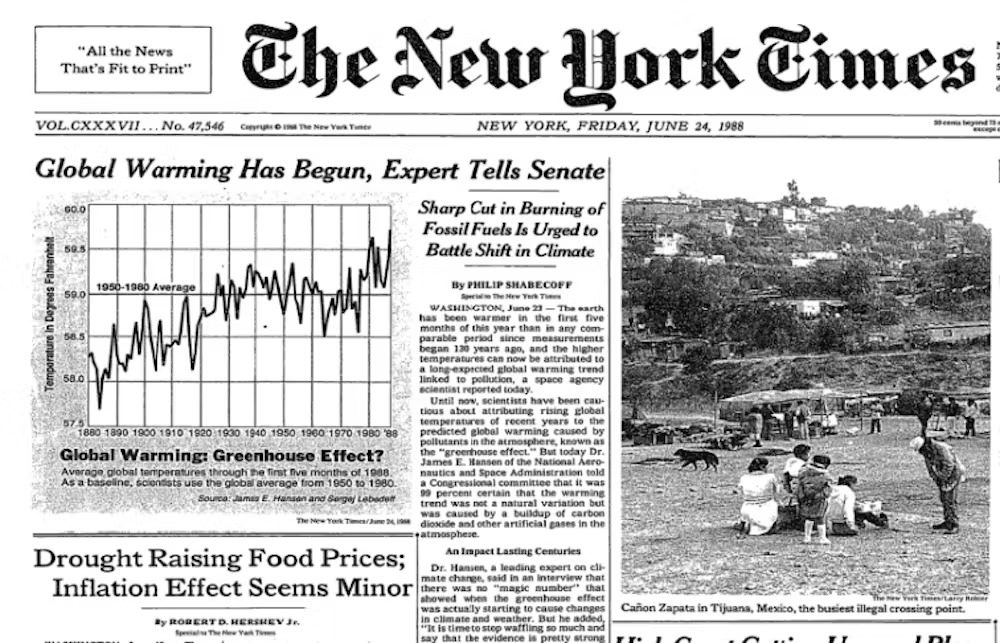 Η κλιματική αλλαγή και η αναφορά στην κατάθεση του Τζέιμς Χάνσεν στη Γερουσία των ΗΠΑ το 1988 σε πρωτοσέλιδο των New York Times στις 24 Ιουνίου του 1988 (Photo: New York Times)