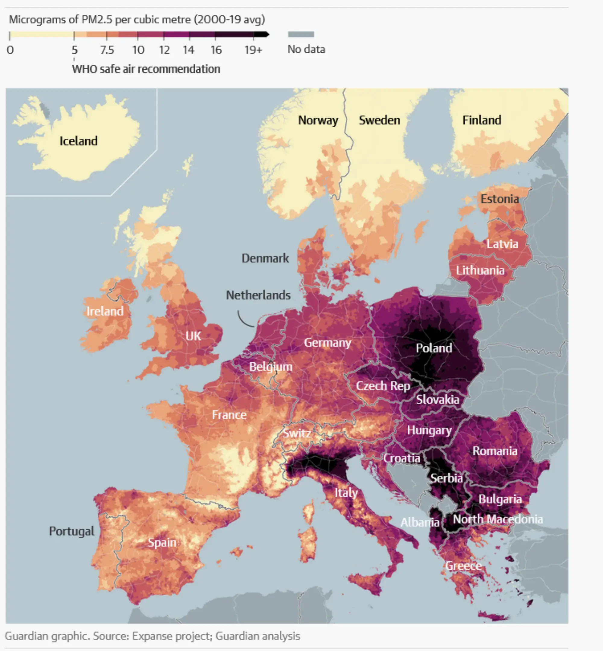 Γράφημα από την ανάλυση του Guardian που απεικονίζει τις συγκεντρώσεις των μικροσωματιδίων PM2.5 στις χώρες της Ευρώπης